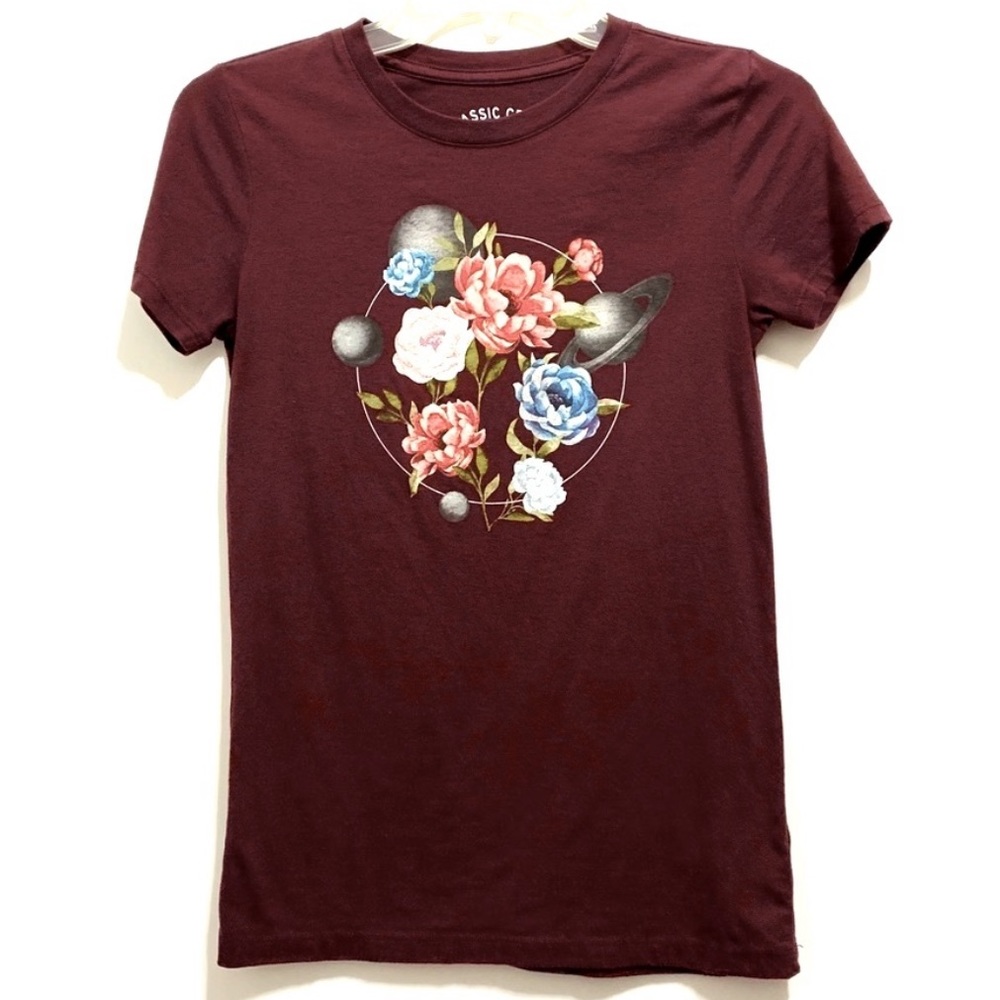 Aeropostale Classic Crew Maroon Burgundy Cranberry Floral Tee